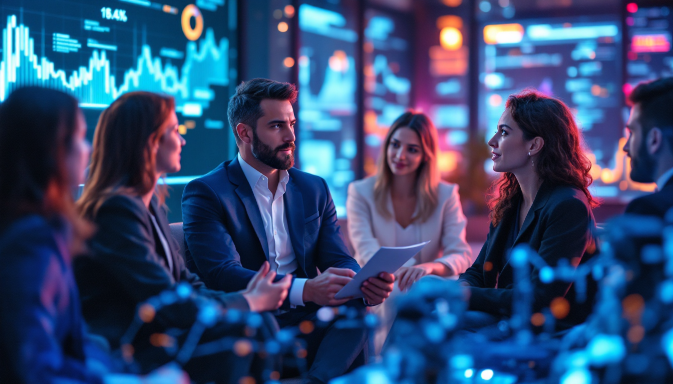 2025~2026년 AI 스타트업 투자 붐과 집중 투자를 상징하는 투자자들이 차트와 트렌드를 논의하는 미래형 투자 장면