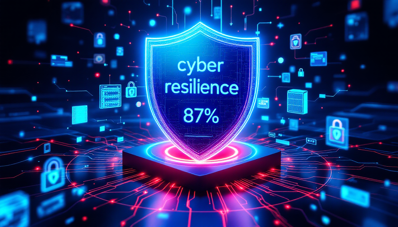 사이버 회복탄력성을 상징하는 방어 방패와 데이터 복구 진행 바를 보여주는 개념적 이미지