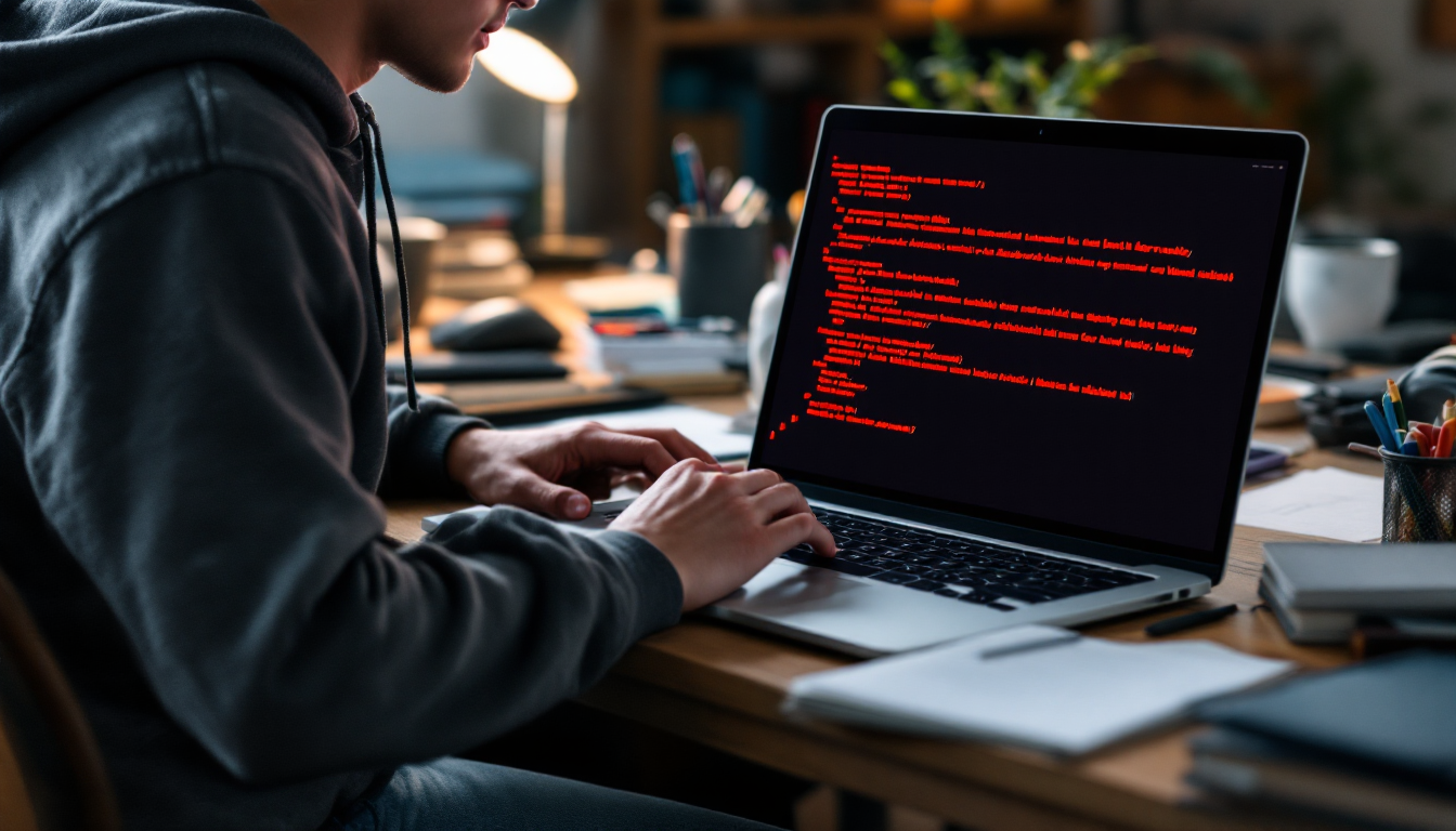 초보자가 오류 메시지를 차분히 분석하며 문제를 해결하는 모습