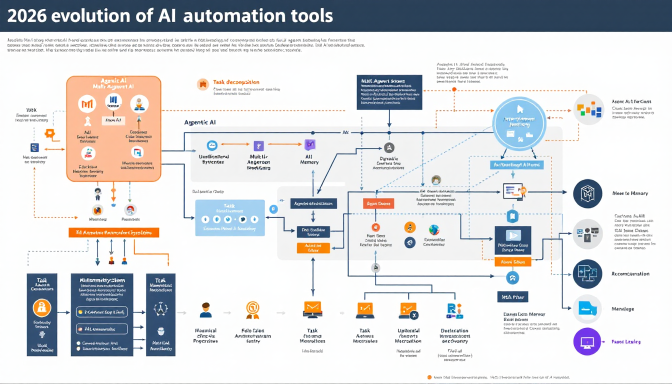 2026년 AI 자동화 도구의 진화와 Agentic AI 및 멀티 에이전트 시스템의 작동 원리를 보여주는 인포그래픽
