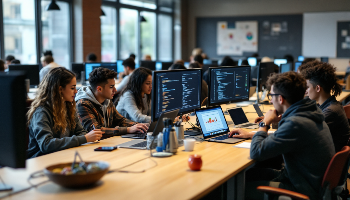 고등학생들이 실전 AI 문제 해결 프로젝트를 수행하며 협업하는 모습