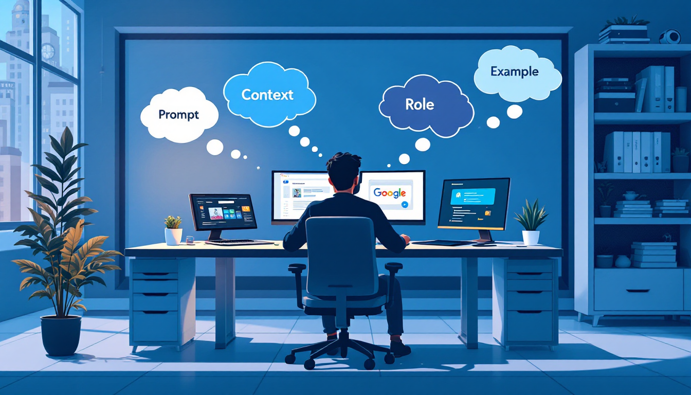 생성형 AI를 사용하는 사용자가 프롬프트 작성 원칙을 적용하는 모습을 보여주는 이미지