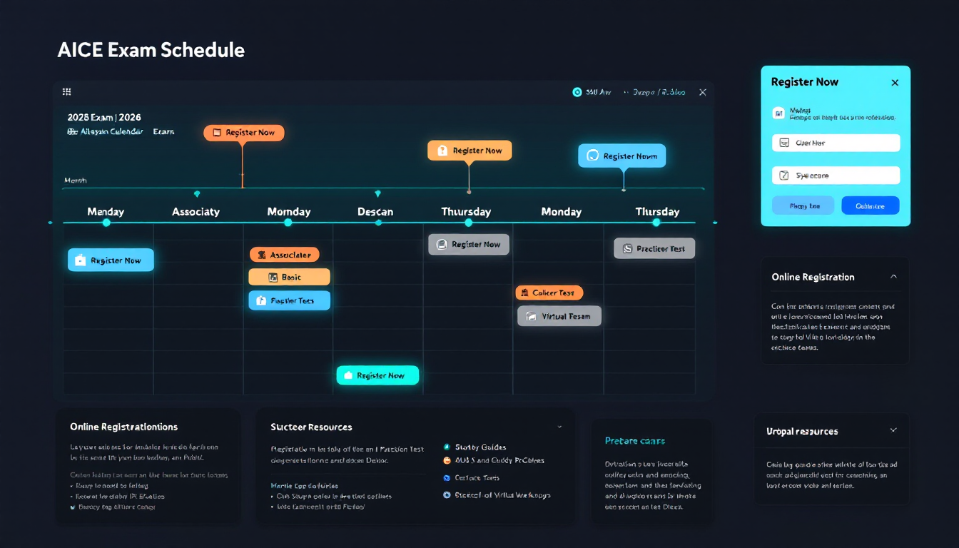 2026년 AICE 시험 일정과 온라인 접수 과정을 보여주는 캘린더 이미지