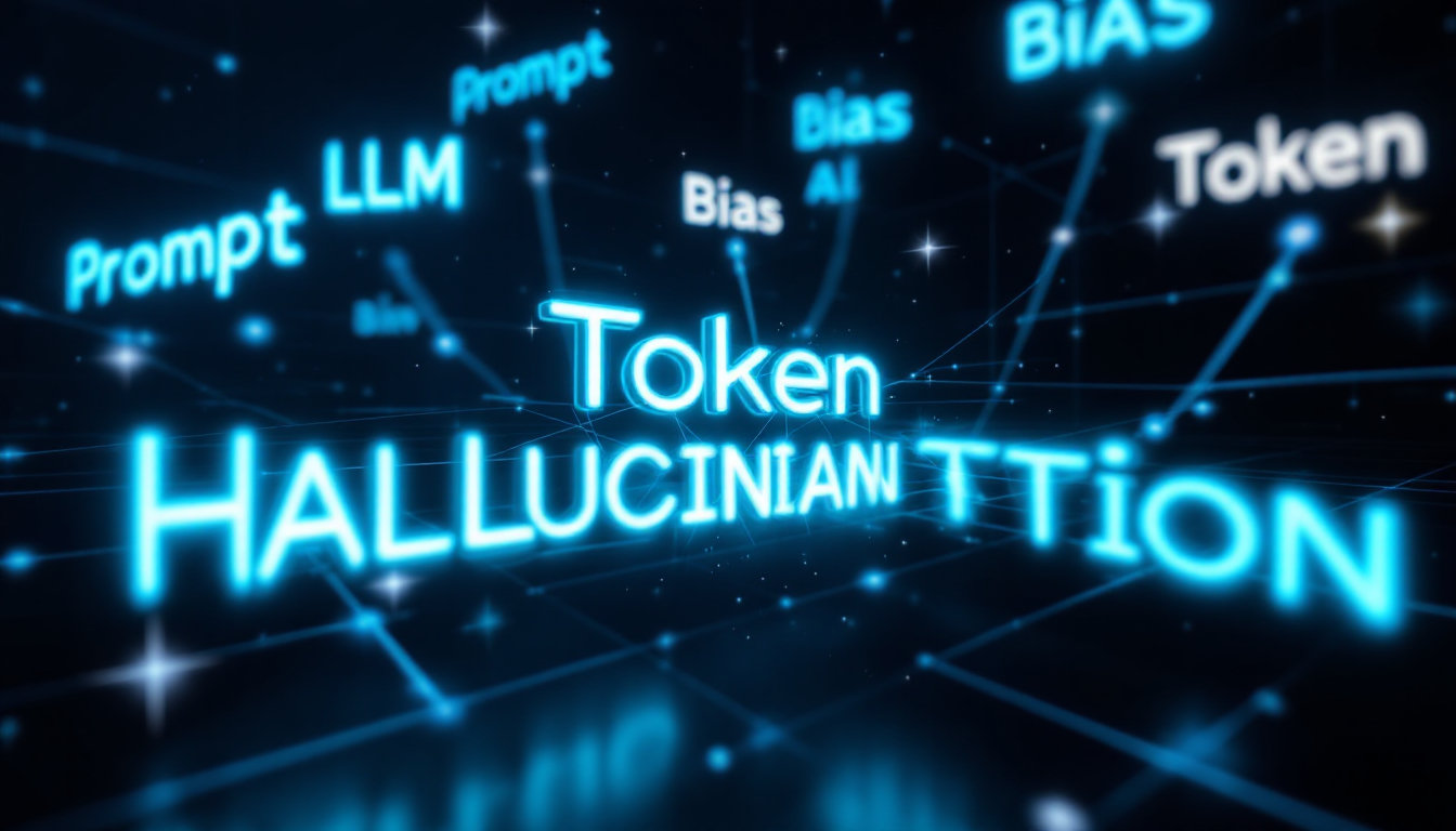 생성형 AI의 핵심 용어들이 미래적인 디지털 공간에 홀로그램 텍스트로 떠 있는 이미지