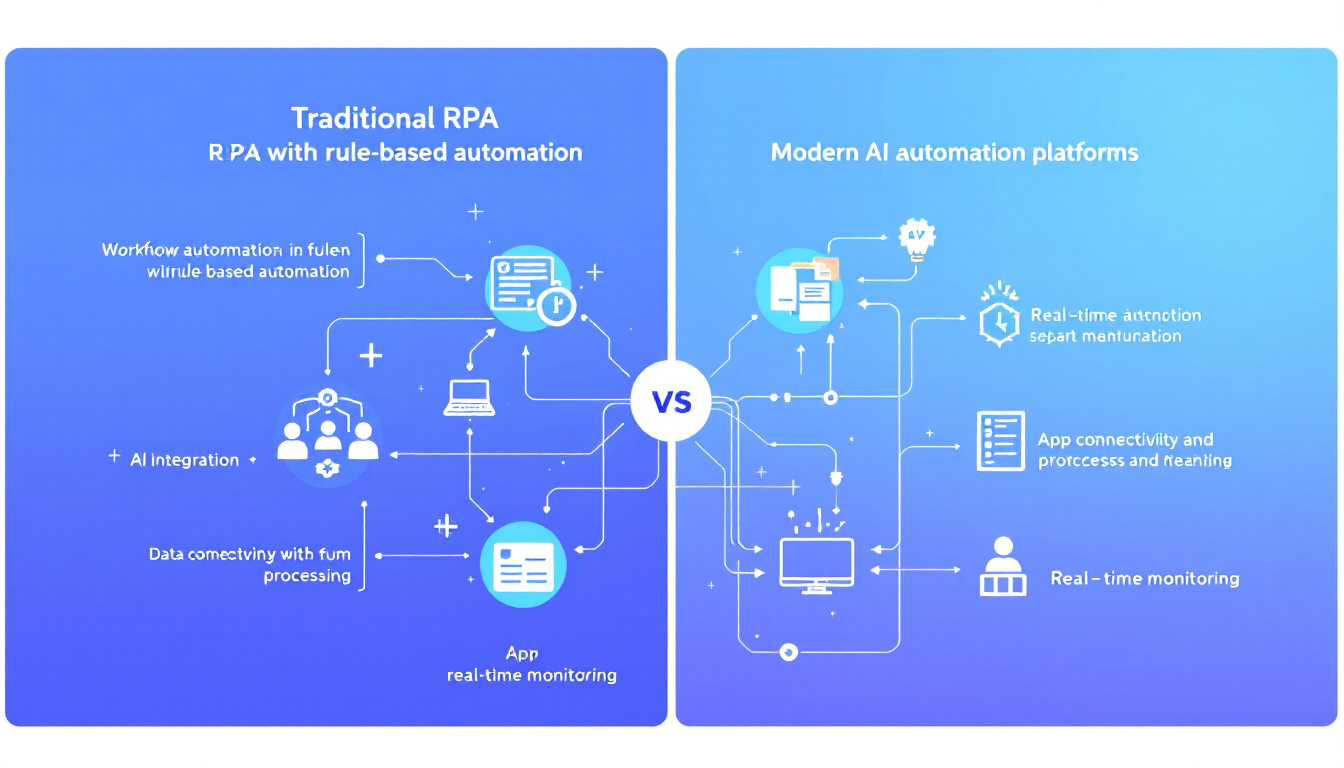 RPA와 지능형 AI 자동화 플랫폼의 차이점과 핵심 기능을 보여주는 인포그래픽