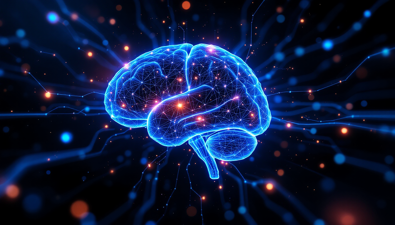 생성형 AI가 데이터를 학습하고 새로운 콘텐츠를 창조하는 미래지향적 디지털 뇌의 이미지