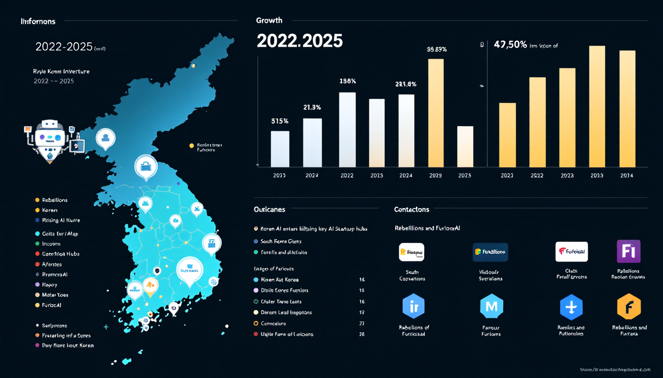 2022년부터 2025년까지 한국 AI 벤처 투자 성장과 주요 스타트업 허브를 나타내는 인포그래픽