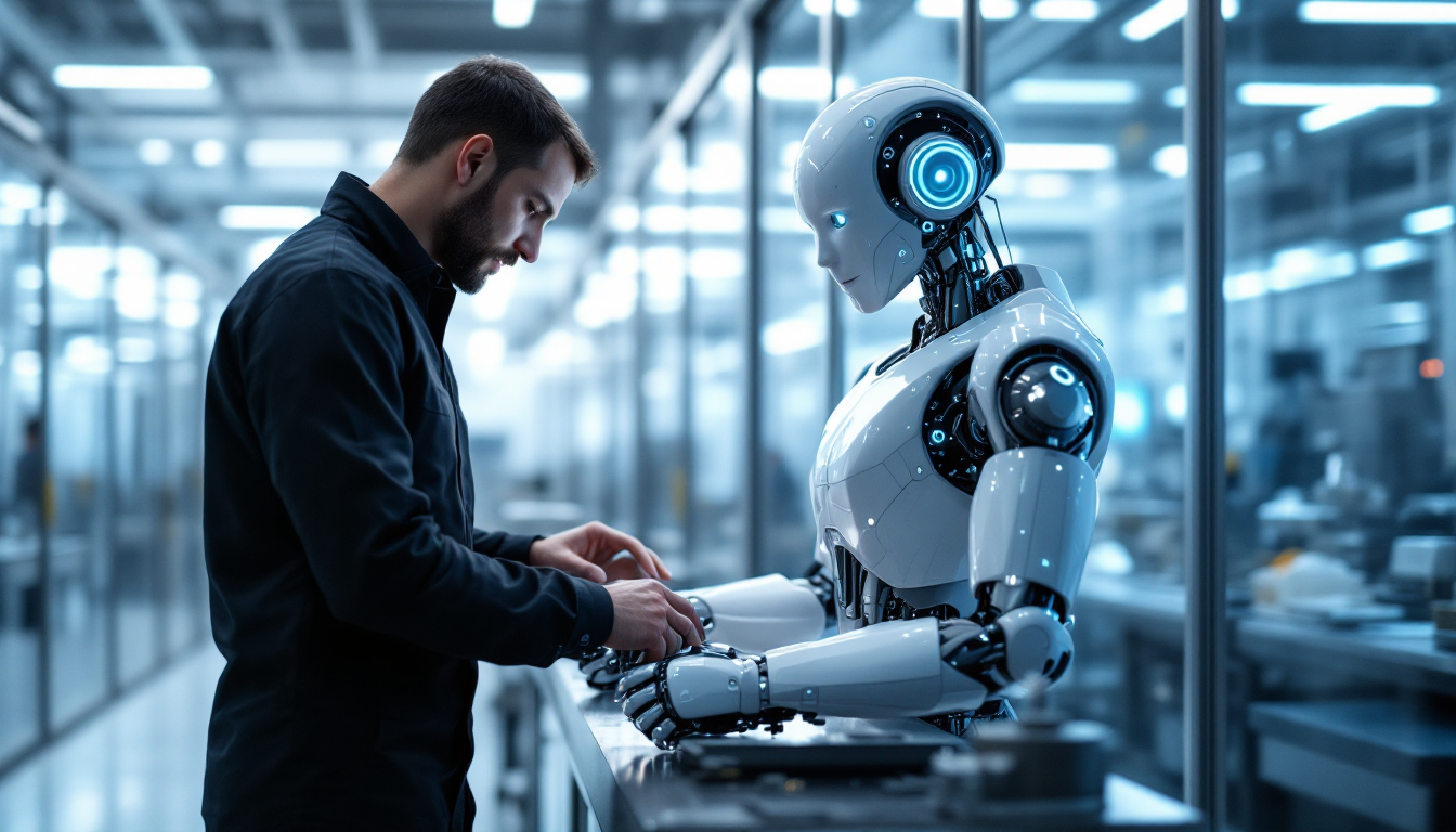 피지컬 AI 기술이 적용된 휴머노이드 로봇이 인간과 상호작용하는 첨단 산업 현장