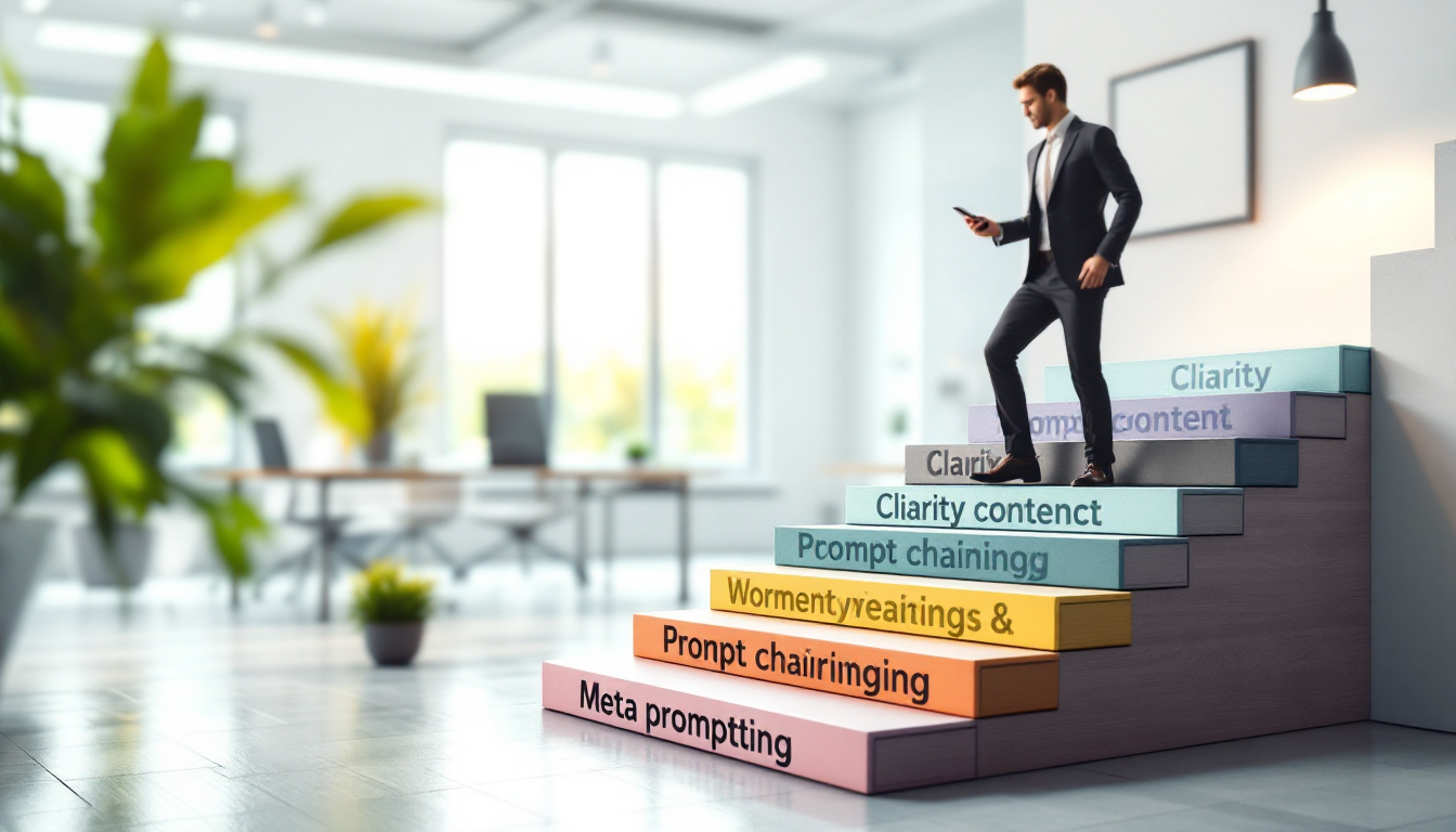 꾸준한 연습으로 프롬프트 작성 능력이 향상되는 과정을 상징하는 이미지, 계단을 오르는 사람과 관련 키워드