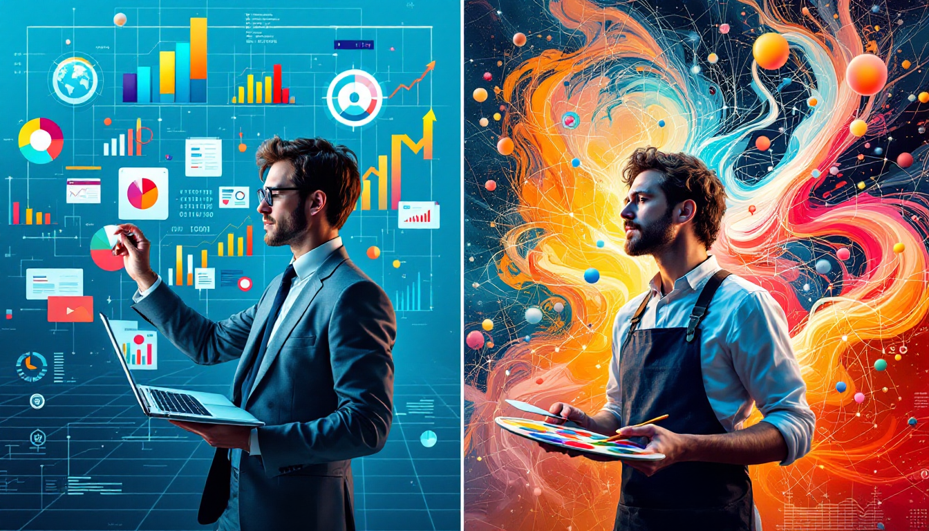 일반 AI와 생성형 AI의 차이를 분석가와 예술가의 형태로 시각화한 이미지