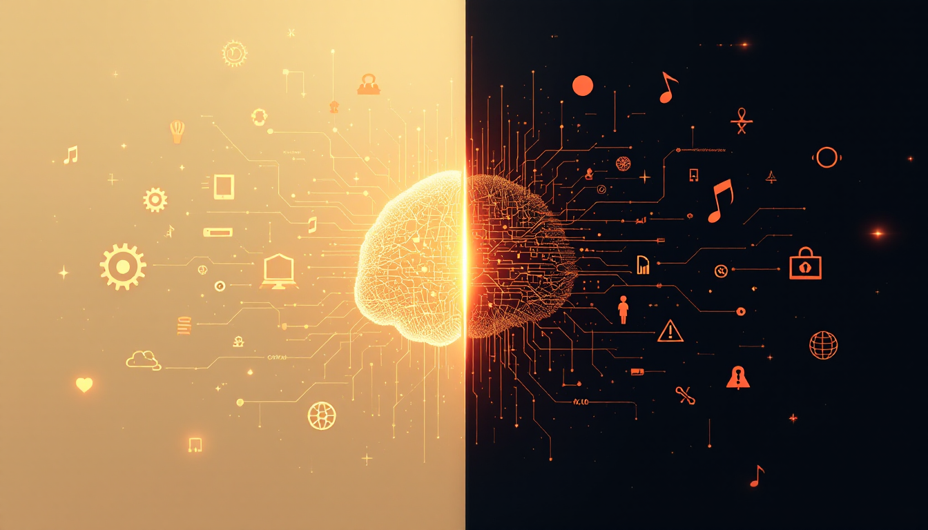 생성형 AI의 장점과 한계를 나란히 보여주는 빛과 그림자 이미지