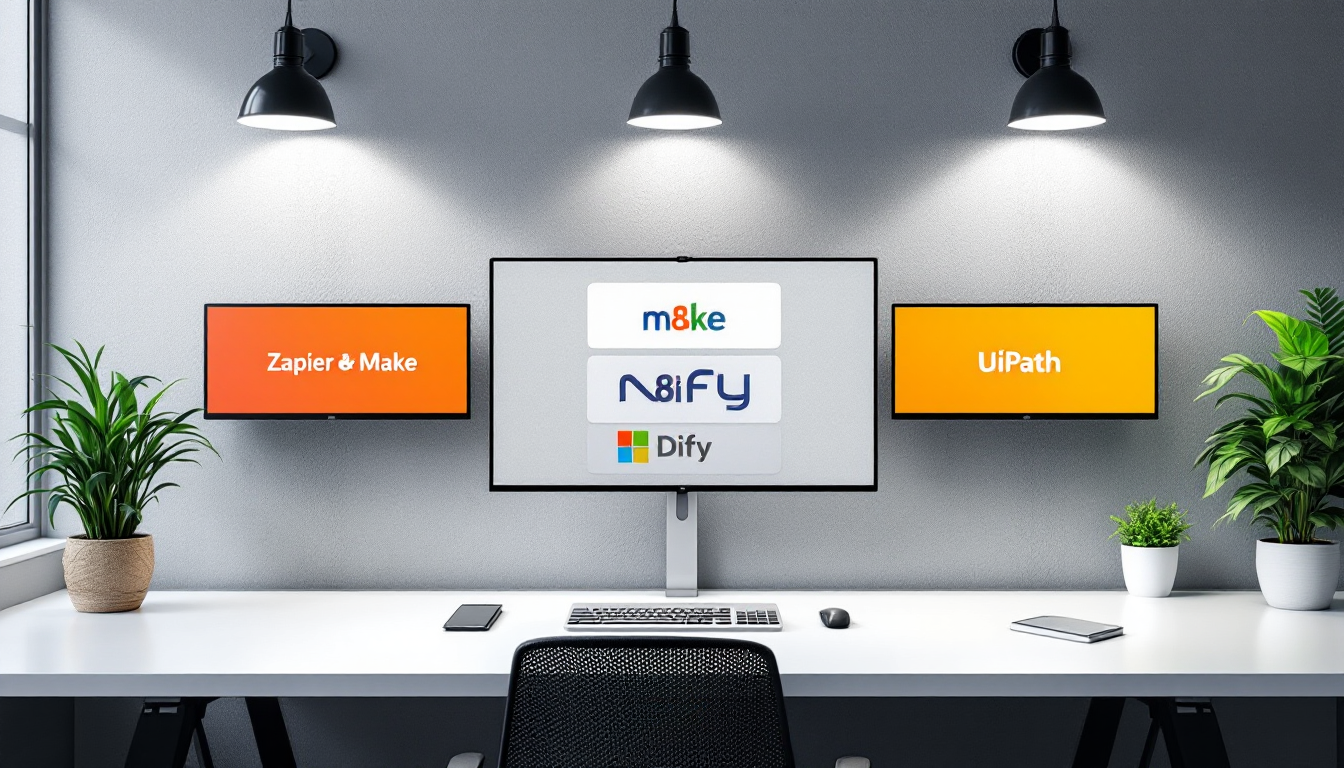 2026년 기준 6대 노코드 AI 업무 자동화 플랫폼과 주요 특징을 보여주는 현대적인 작업 공간