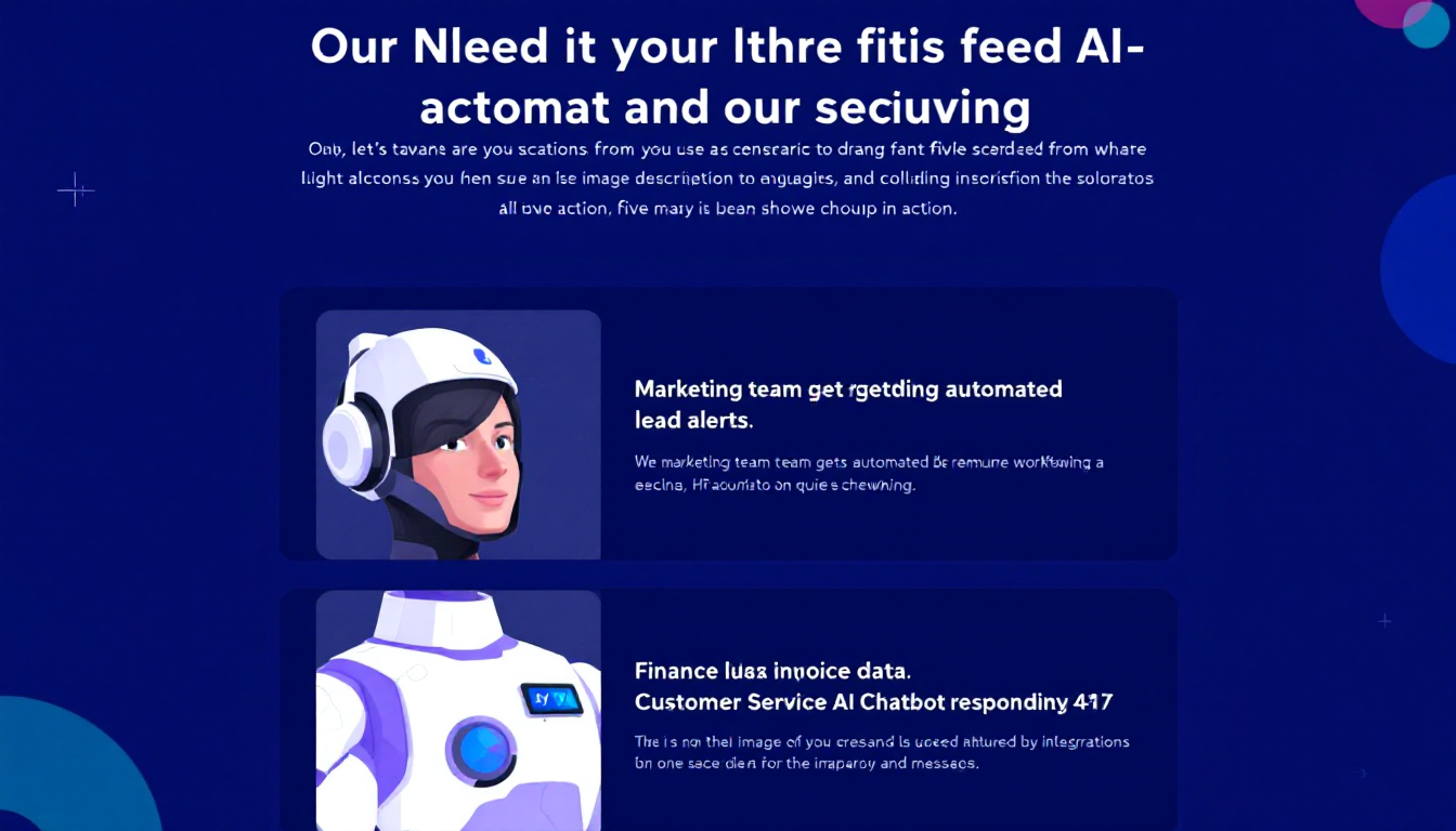 마케팅, 인사, 영업, 재무, 고객 서비스 분야별 AI 업무 자동화 실제 활용 사례를 보여주는 다섯 장면