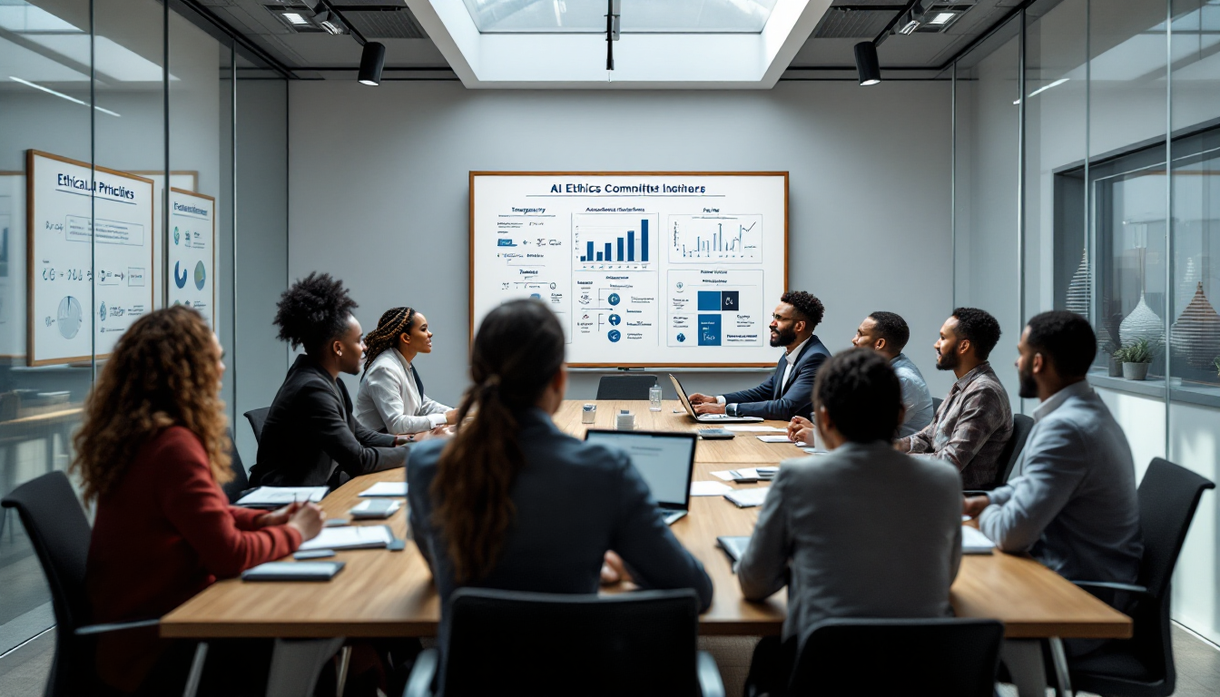공공기관 내 AI 윤리위원회가 AI 윤리와 개인정보 보호 정책을 실행하는 모습