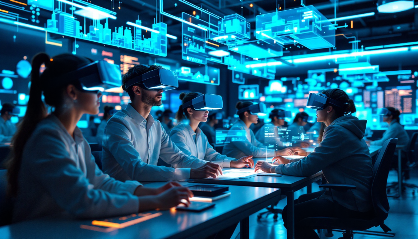 VR과 AR 기술을 활용한 몰입형 AI 교육 환경과 AI 튜터 모습