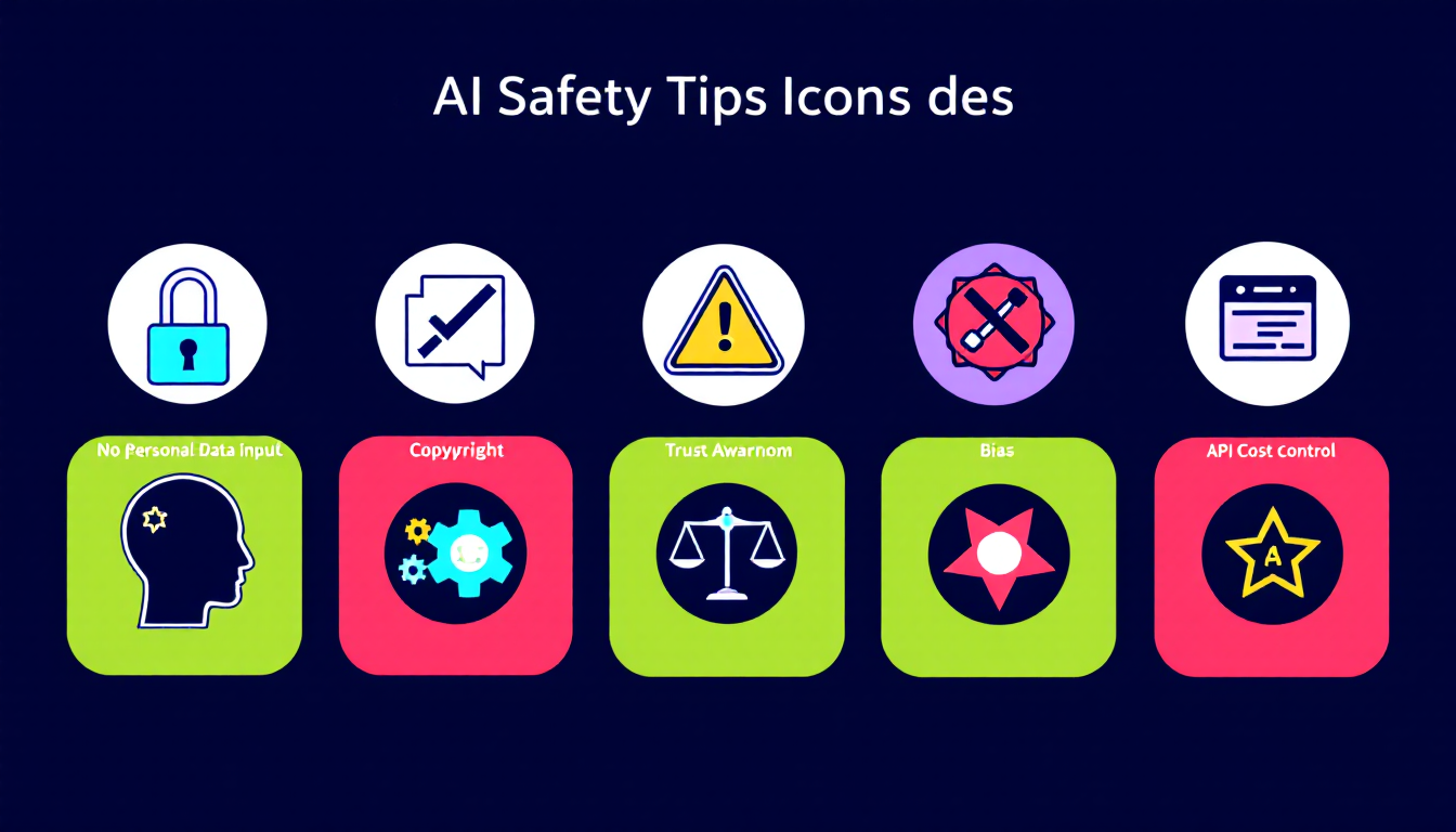 AI 사용 시 반드시 지켜야 할 7가지 안전 수칙을 아이콘으로 표현한 깔끔한 이미지