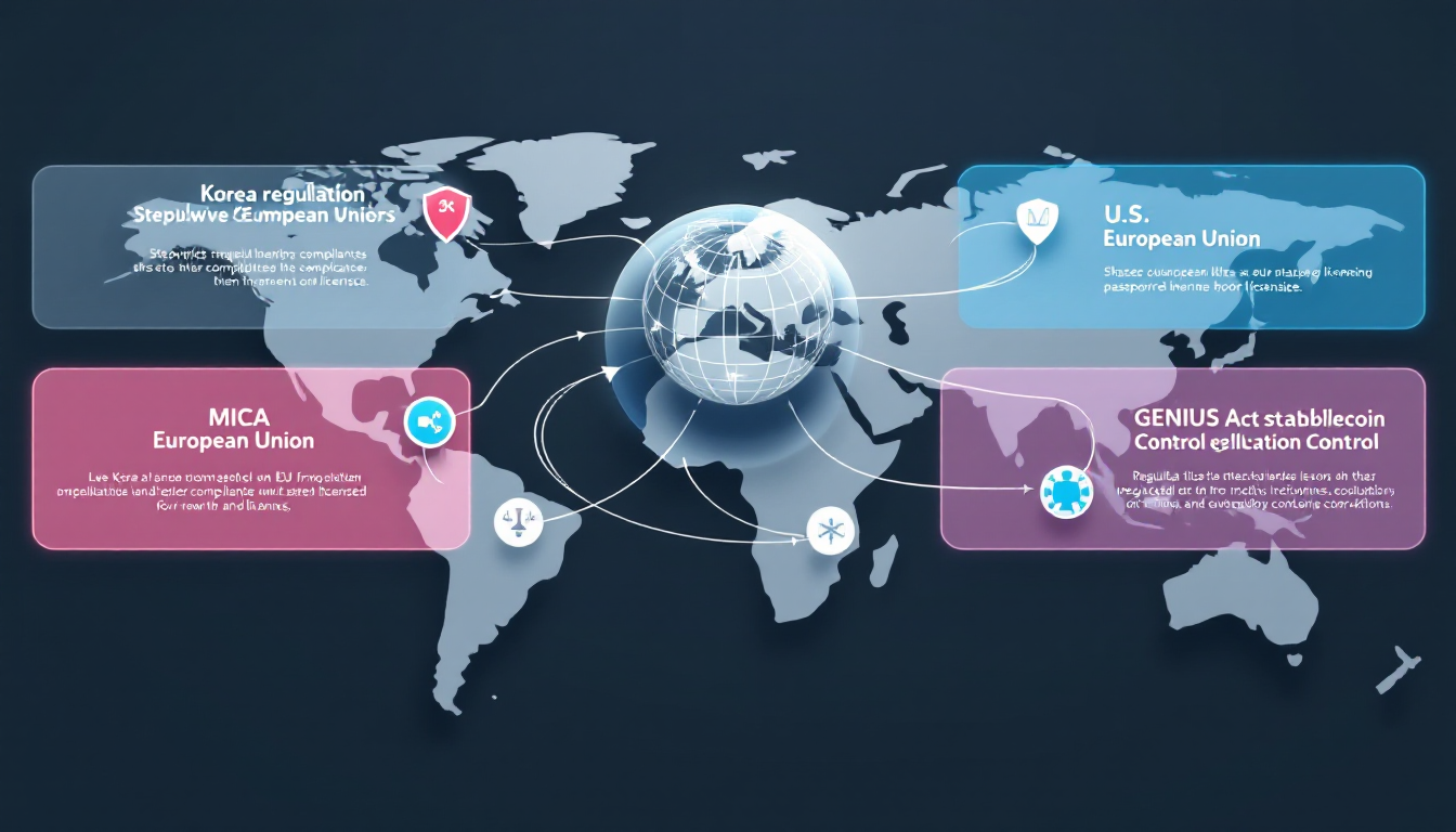 한국, EU, 미국의 가상자산 규제 방식을 비교한 글로벌 규제 지도 이미지