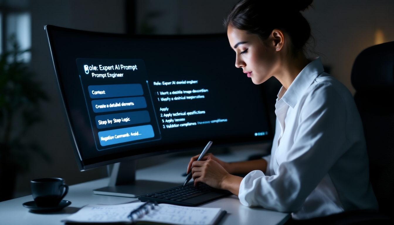 효과적인 프롬프트 작성 기술을 보여주는 디지털 기기 앞 사용자 이미지