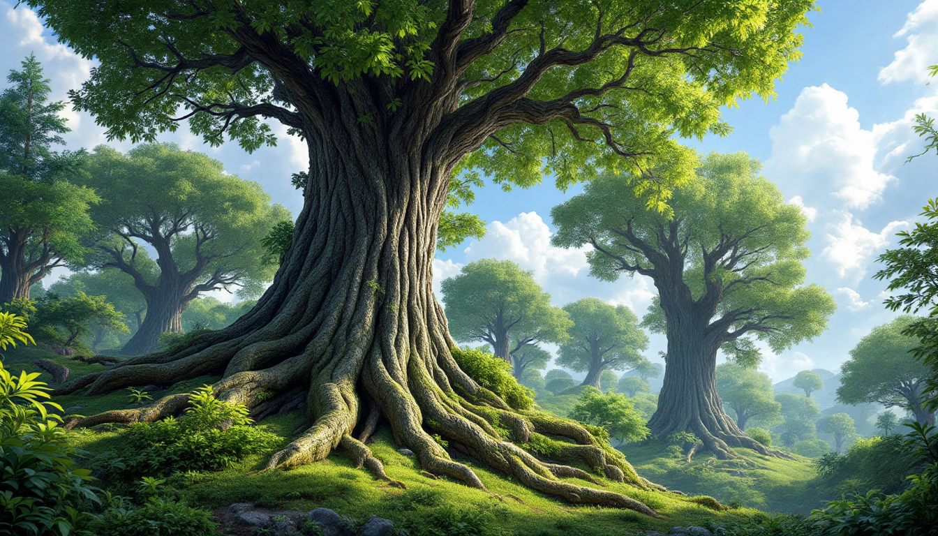 고해상도로 업스케일 된 나무 질감과 구름 디테일이 선명한 숲 풍경 사진