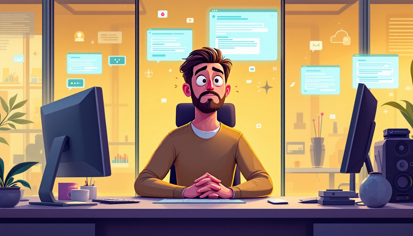 2026년 현대 사무실에서 여러 AI 도구를 사용하며 AI 오류에 당황하는 사용자