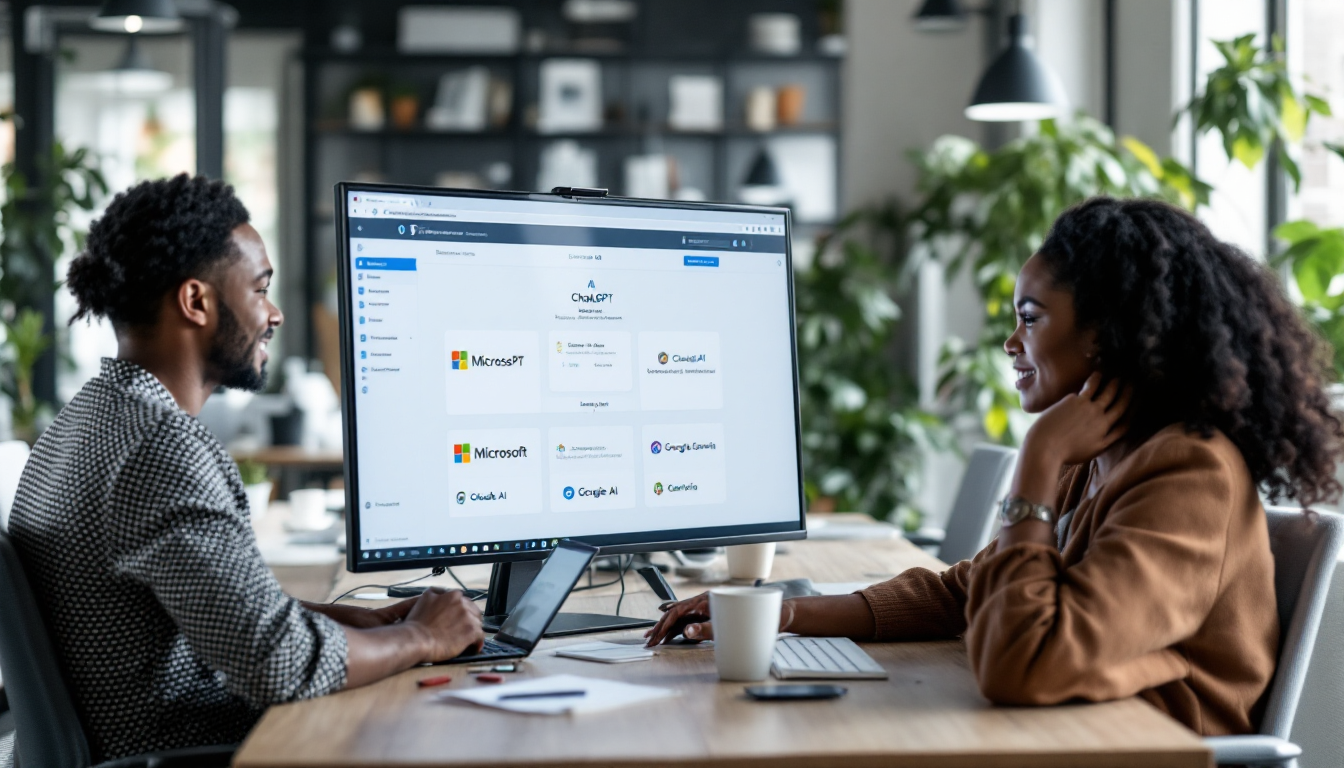 여러 대표 AI 도구를 활용하는 다양한 직업군의 사람들이 모여 있는 사무실 풍경