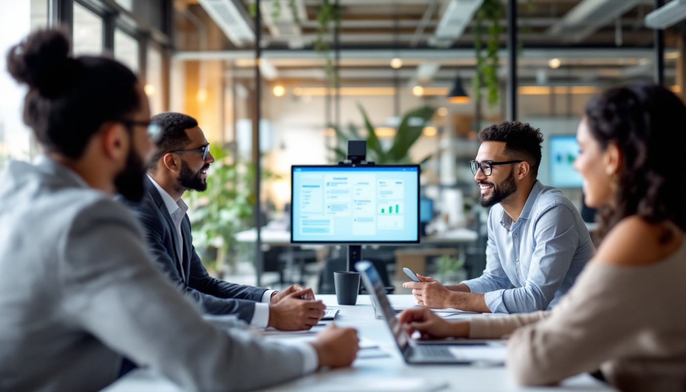 AI 영업 자동화 도구 선택 가이드를 활용하는 회사 내부 전략 회의 장면