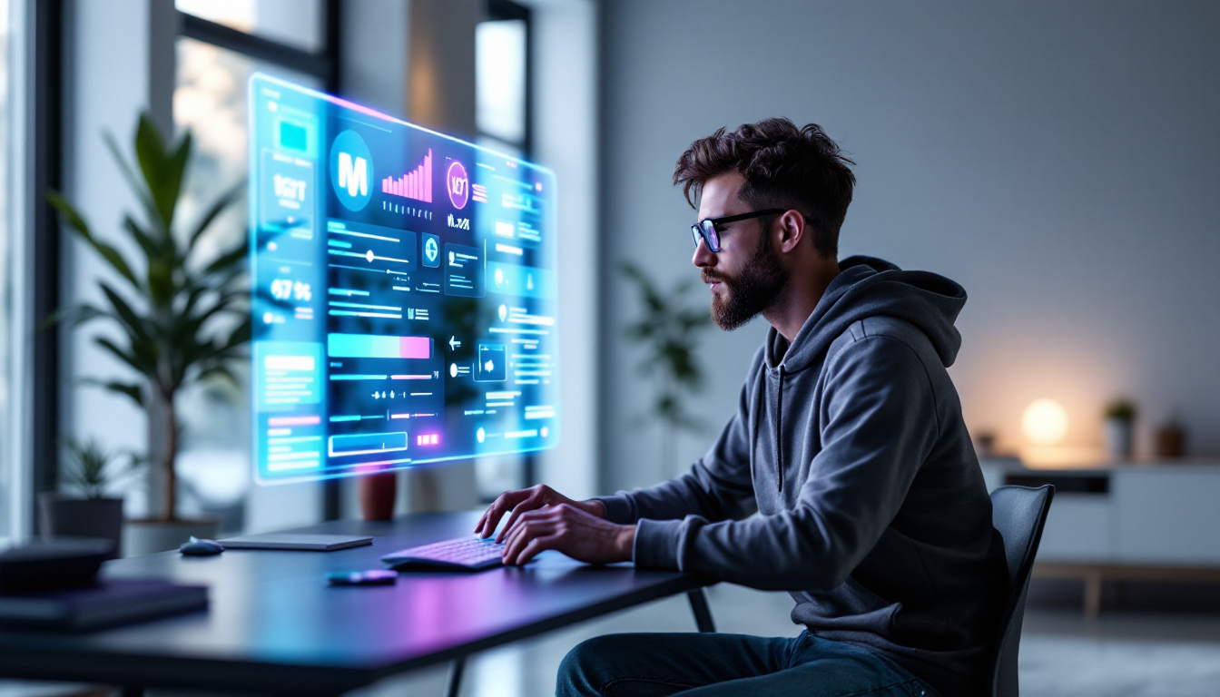 디지털 아티스트가 미래형 홀로그램 인터페이스에서 정교한 텍스트 프롬프트를 작성하는 모습