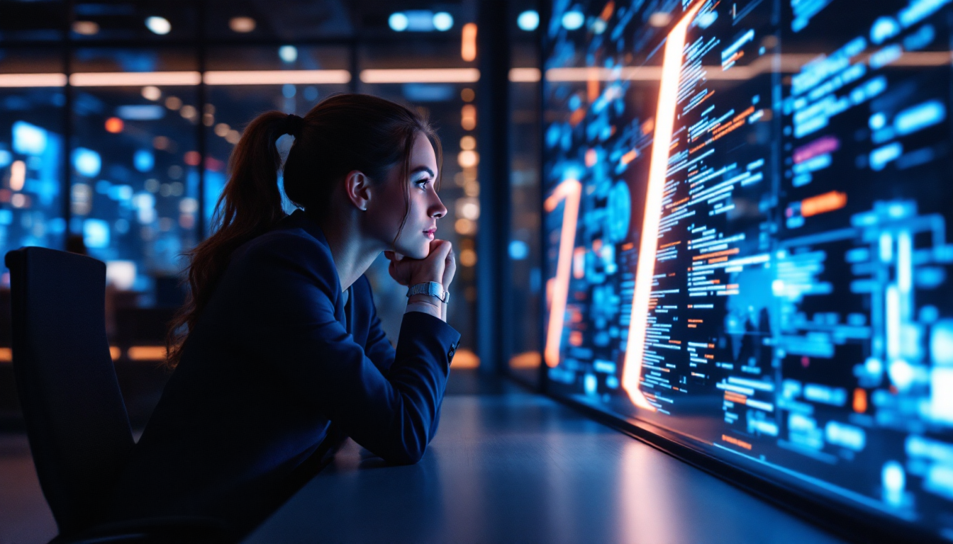 AI 시대 생존 전략을 설명하는 첨단 업무 환경 장면