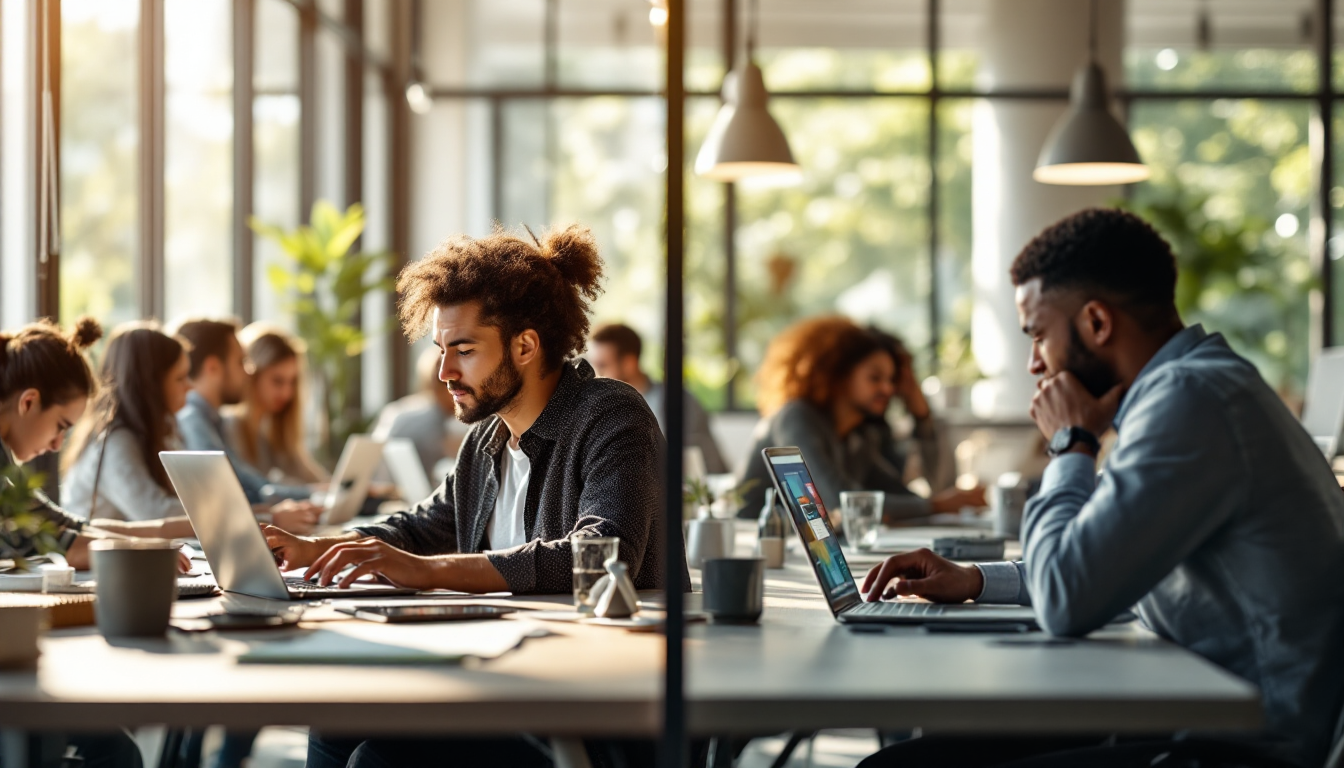생산성 격차를 보여주는 AI 도구를 사용하는 직원과 그렇지 않은 직원의 사무실 풍경