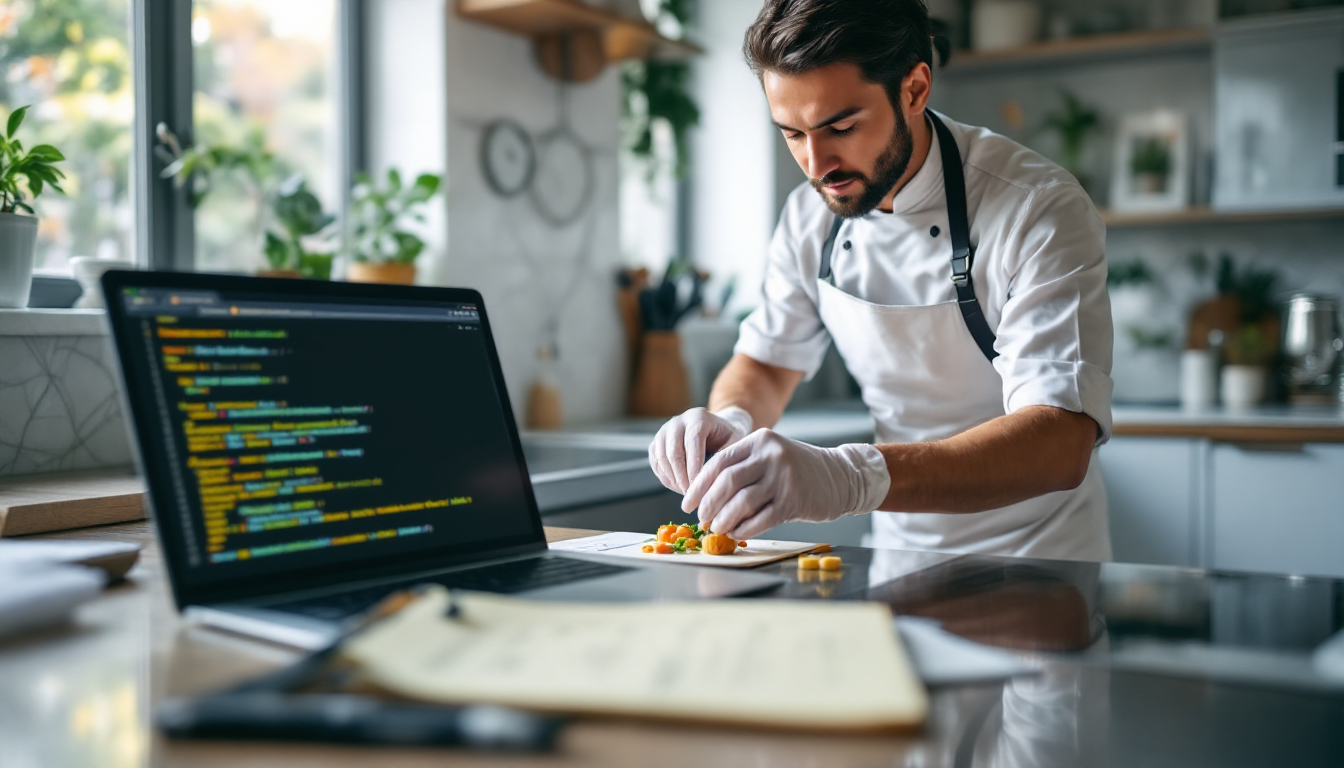 최적의 AI 프롬프트를 개발하는 반복적인 공학적 과정을 요리사가 레시피를 다듬는 모습에 비유한 이미지