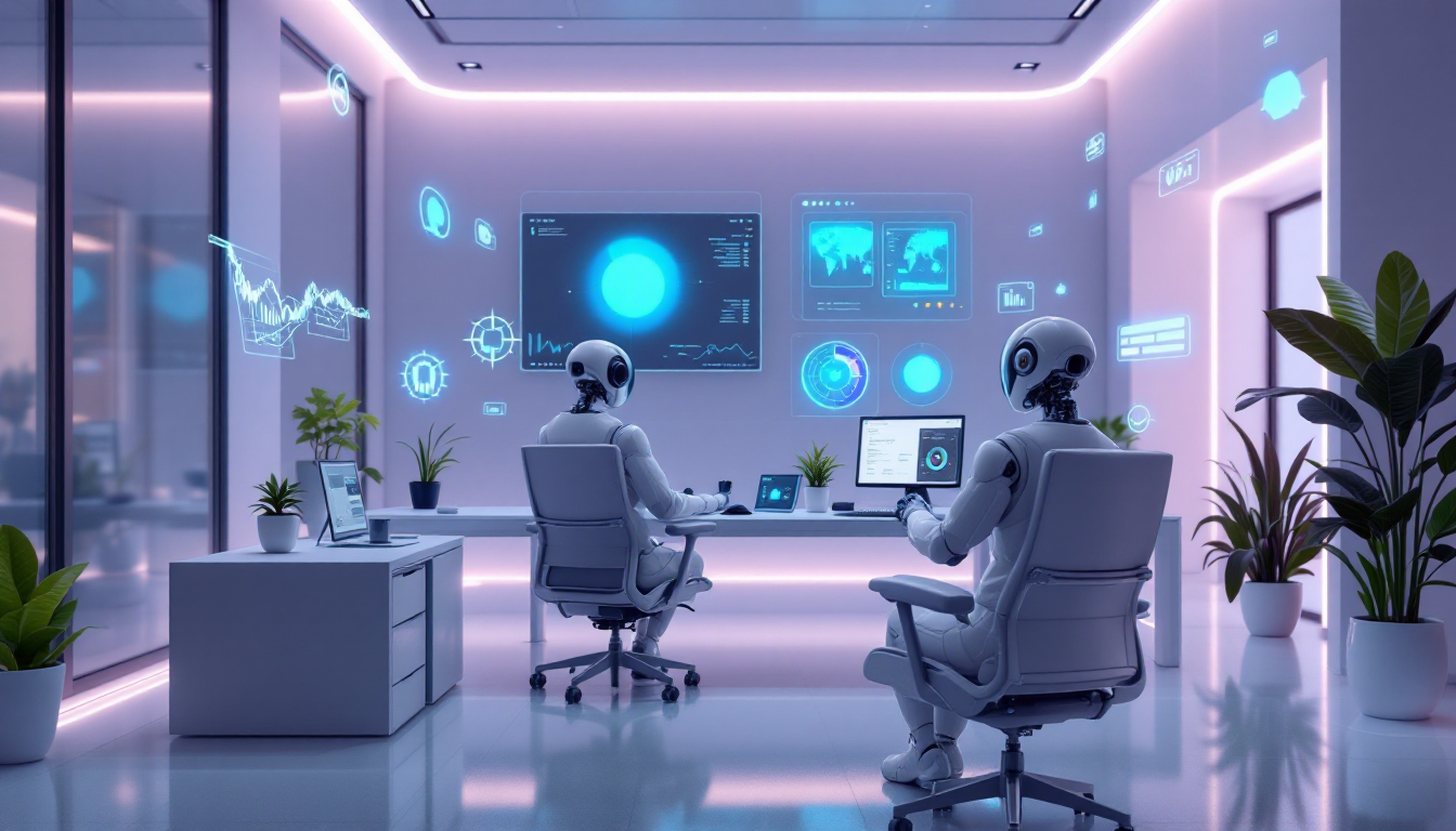 최신 AI 도구들이 업무 환경에서 협력하는 모습을 나타낸 현대적이고 첨단 기술이 적용된 작업 공간