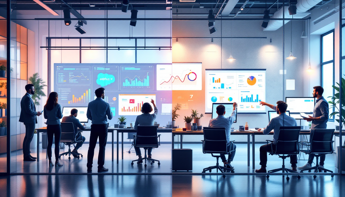 Salesforce와 핀테크 스타트업이 AI 영업 자동화를 성공적으로 활용하는 모습을 비교한 이미지