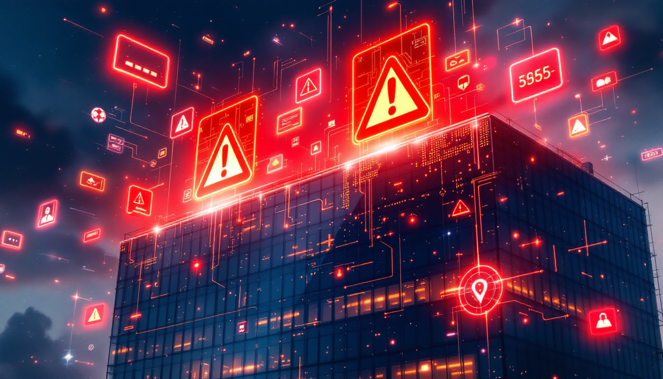 2025년 기업 해킹 위협을 경고하는 디지털 경고등이 켜진 현대 비즈니스 사무실