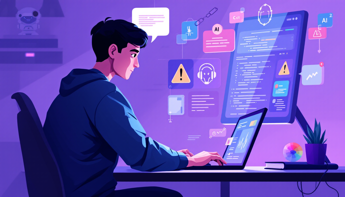 AI 할루시네이션과 비판적 사고의 중요성을 상징하는 주의 표지와 함께 AI와 상호작용하는 학생