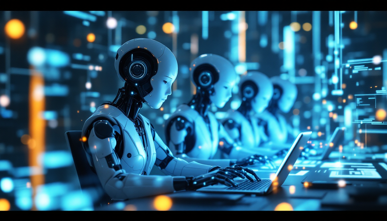 여러 AI 에이전트가 협력하여 복잡한 워크플로우를 수행하는 모습