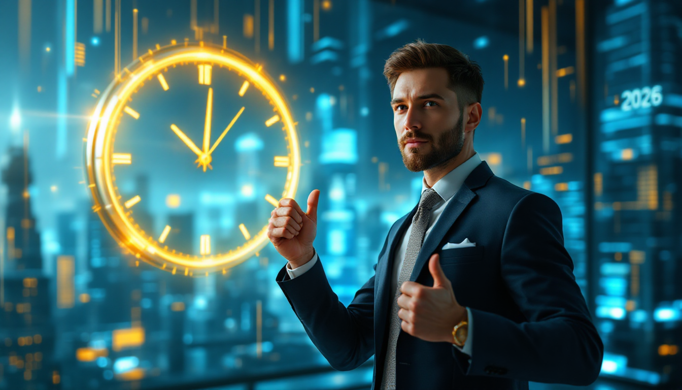 2026년 AI 투자 골든타임을 잡은 자신감 있는 투자자의 모습과 미래 도시 배경