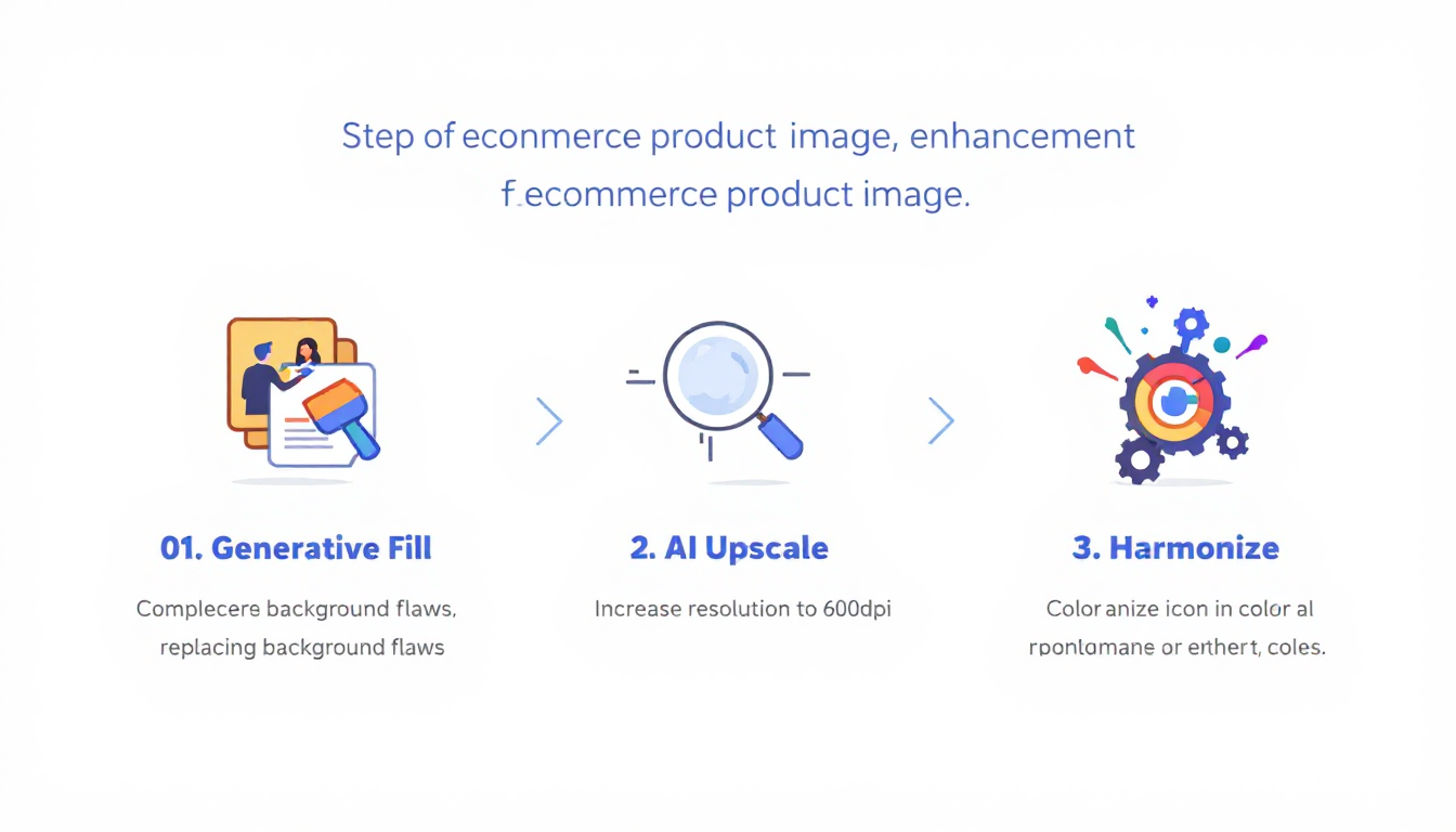 생성형 채우기, AI 업스케일, 하모나이즈 기능이 결합된 전자상거래 상품 이미지 향상 워크플로우 인포그래픽