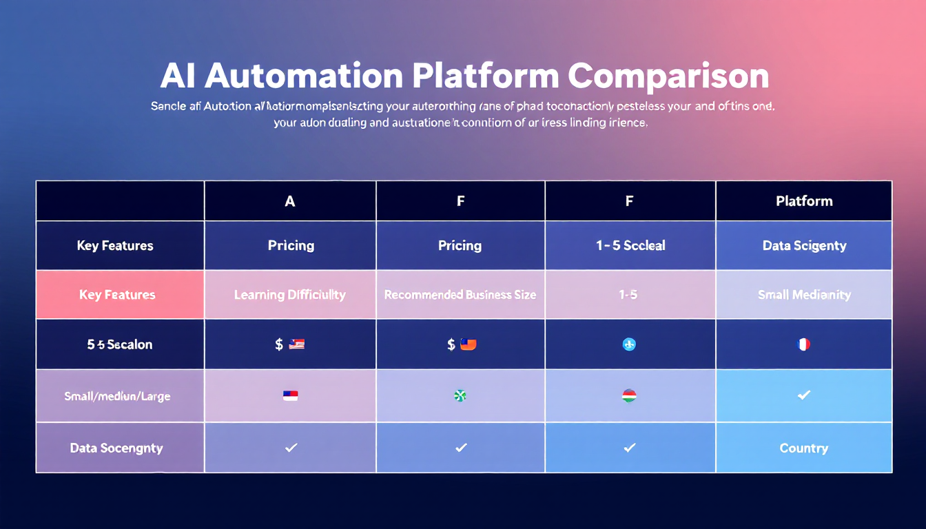 6개 AI 자동화 플랫폼의 가격, 기능, 학습 난이도, 추천 기업 규모, 데이터 주권을 비교한 분석표 그래픽