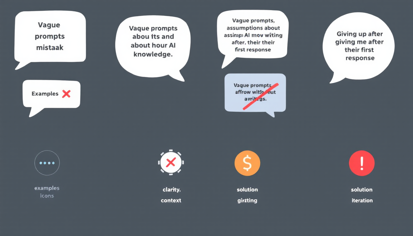 자주 하는 프롬프트 작성 실수와 해결책을 보여주는 이미지, 모호한 질문과 오해, 포기를 상징적으로 표현
