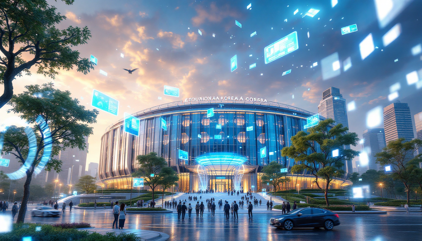 2026년 한국이 AI G3 국가로 도약하는 모습을 상징하는 대한민국 정부 청사와 디지털 AI 홀로그램 이미지